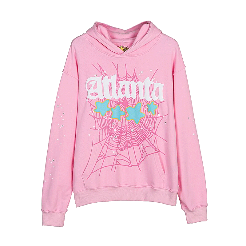 Sp5der Atlanta hoodie in bubblegum pink with white gothic Atlanta lettering and four blue stars over a deeper pink web