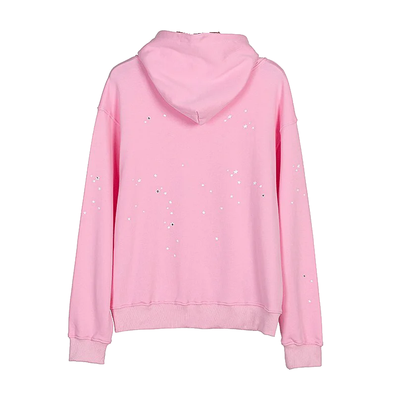 Back of a pale pink Sp5der hoodie with small silver stones and white stars scattered across the shoulders, sleeves and body