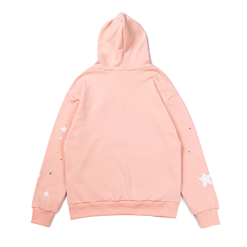 Back view of the peach pink Sp5der Bellini hoodie showing the dropped shoulder seam sitting low on the upper arm and a ribbed hem