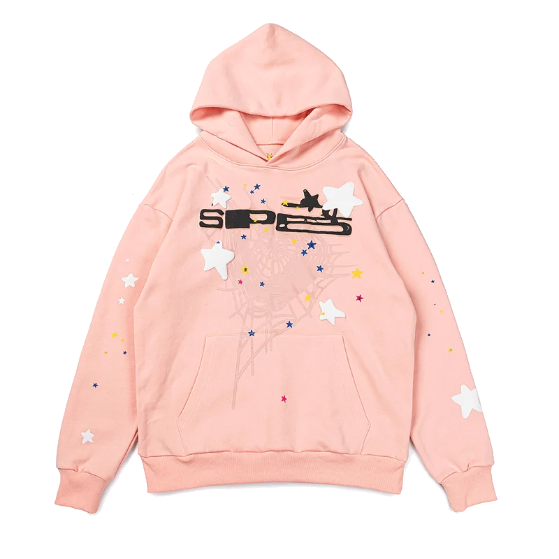 Peach pink Sp5der Bellini hoodie laid flat and face up with white puff stars, a printed web and small coloured star details