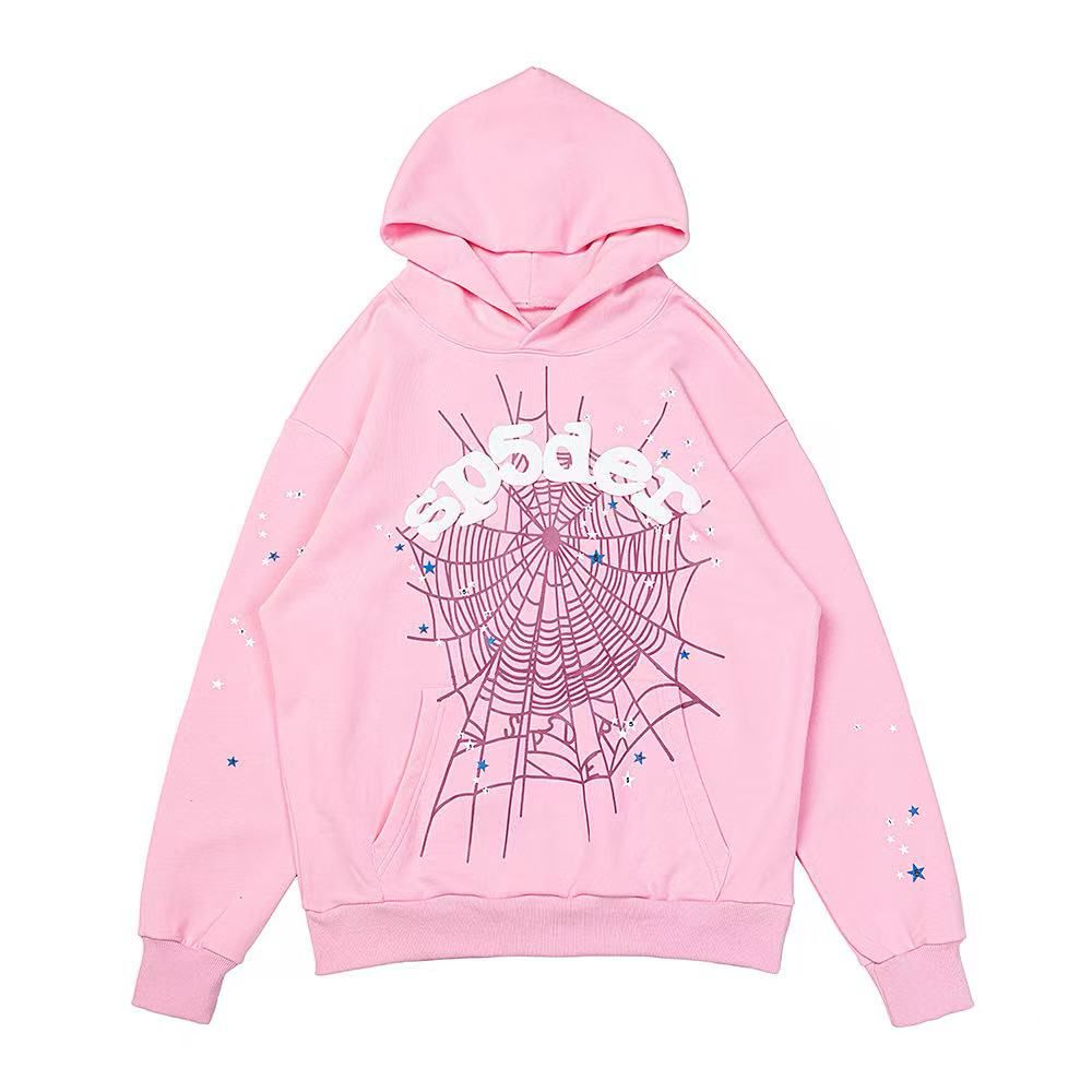 Bubblegum pink Sp5der OG Web hoodie laid flat and face up on white, with a white puff sp5der wordmark over a dark spider web
