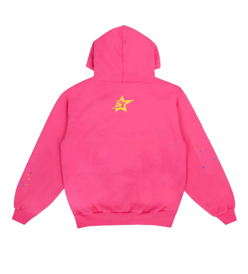 Back of the hot magenta pink Sp5der P*NK V2 hoodie with a small yellow star logo, scattered sleeve stars, and a wide ribbed hem