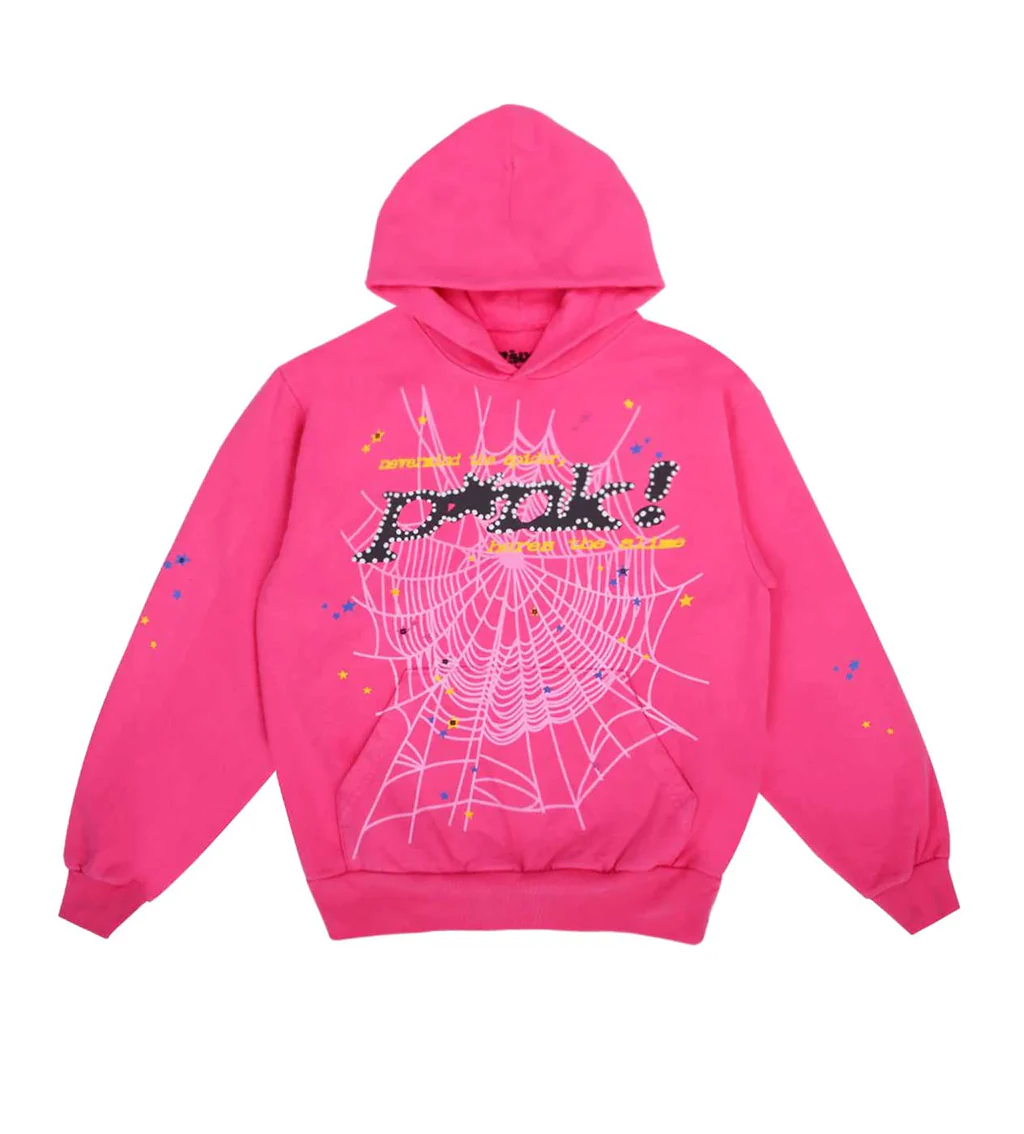 Front view of the punk pink SP5DER web hoodie with bold web print across the chest