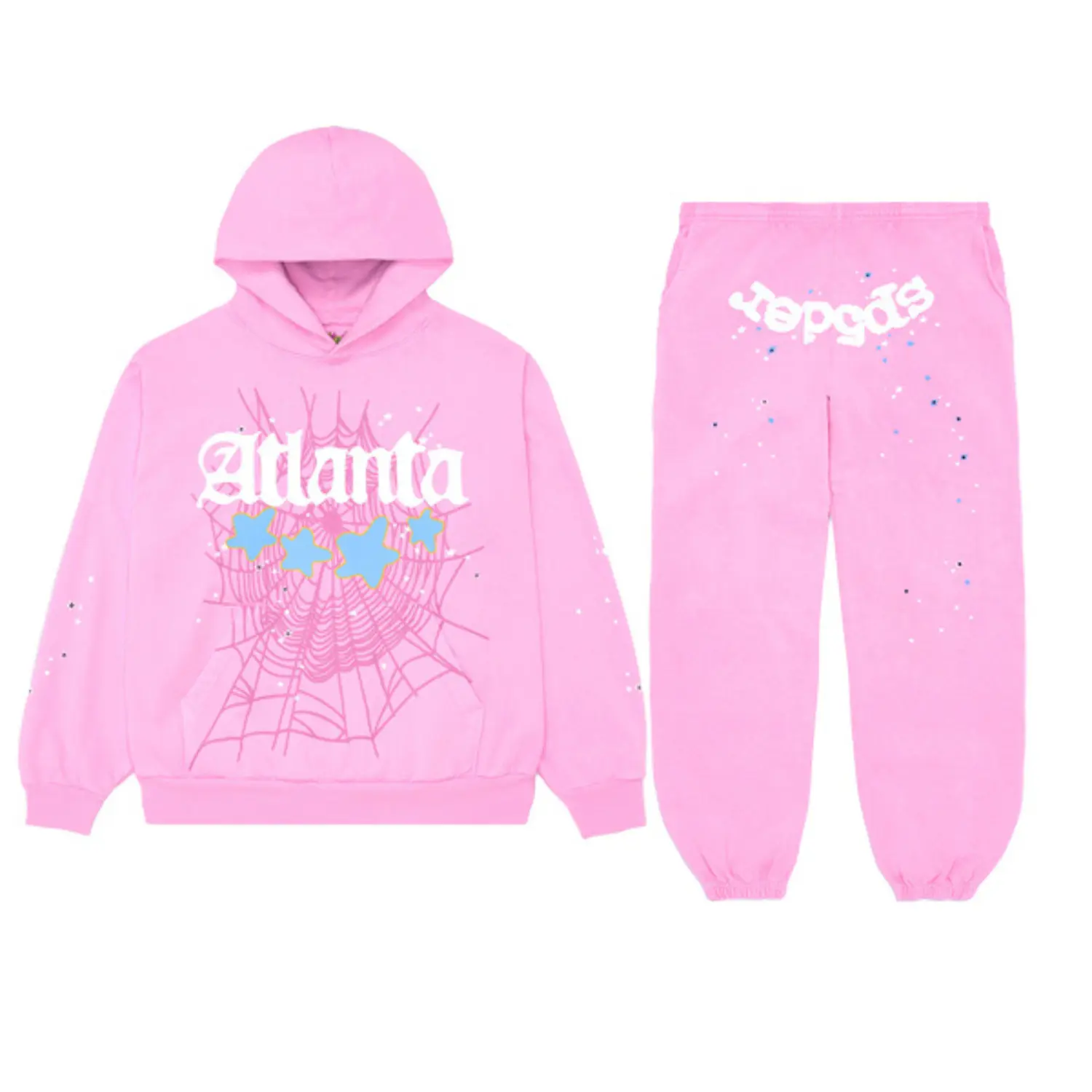 Pink SP5DER Atlanta tracksuit shown as a matching hoodie and sweatpants set