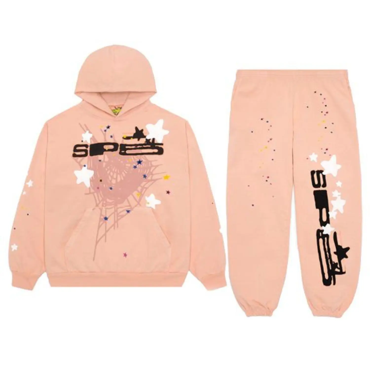 Peach pink Sp5der SP5 Bellini hoodie and matching sweatpants laid flat side by side, printed with black SP5 lettering, a tonal web and white puff stars across the chest and down the leg